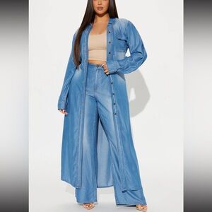 Stylish Blue Denim Duster and Wide-Leg Pants Set